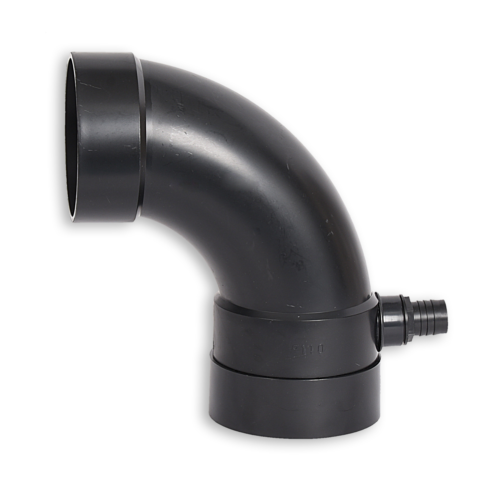 Bocht 90°, 110 mm  incl. ontluchtingsnippel 25 mm 